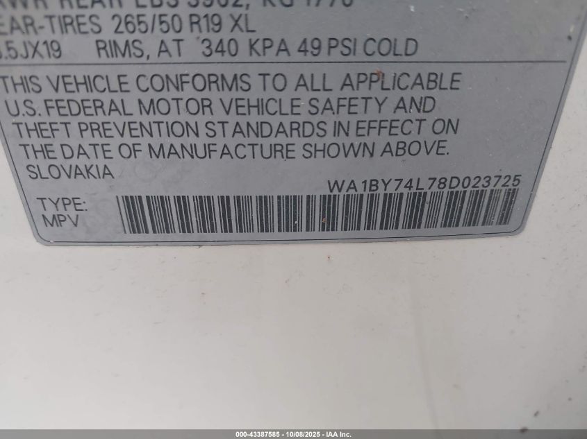 2008 Audi Q7 3.6 Premium VIN: WA1BY74L78D023725 Lot: 43387585