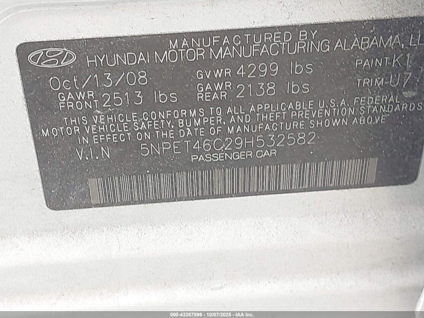 2009 Hyundai Sonata Gls VIN: 5NPET46C29H532582 Lot: 43387596