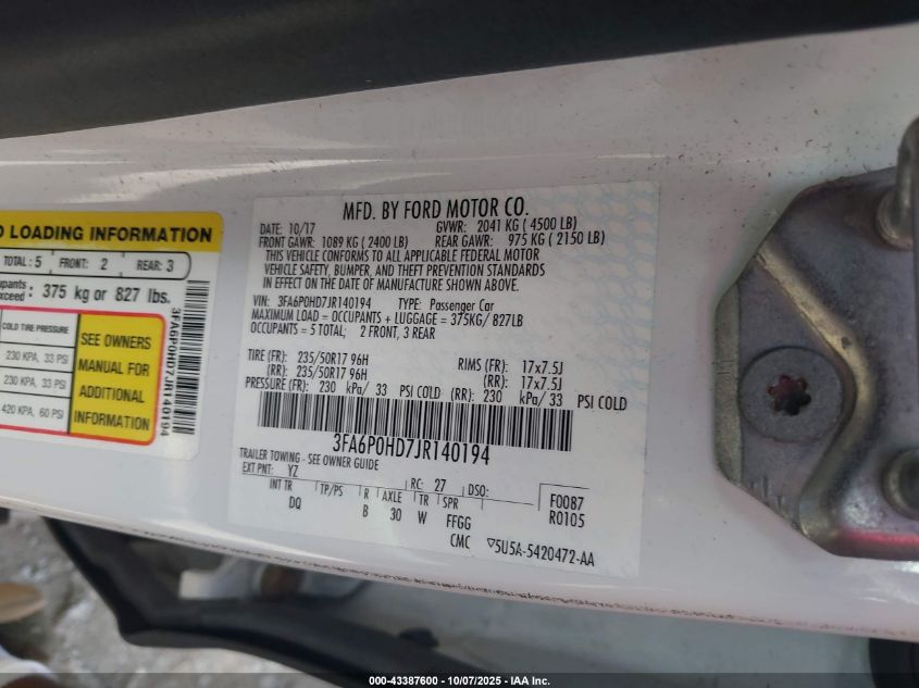 2018 Ford Fusion Se VIN: 3FA6P0HD7JR140194 Lot: 43387600