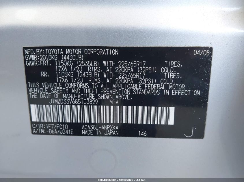 2008 Toyota Rav4 VIN: JTMZD33V685103829 Lot: 43387603