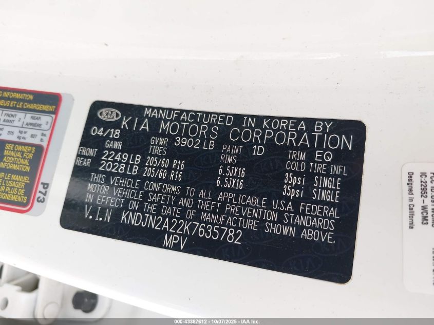 2019 Kia Soul VIN: KNDJN2A22K7635782 Lot: 43387612