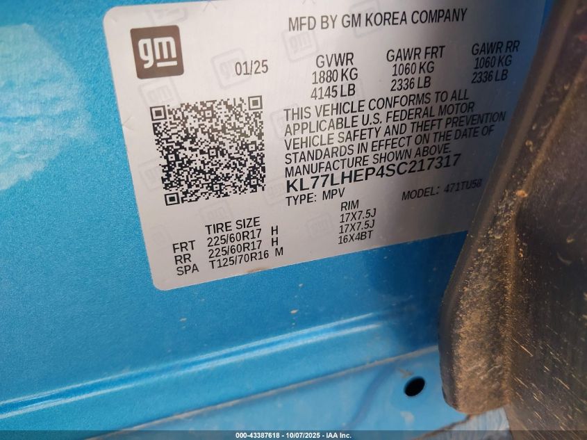 2025 Chevrolet Trax Fwd Lt VIN: KL77LHEP4SC217317 Lot: 43387618