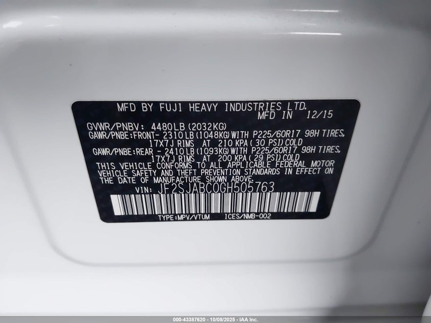 2016 SUBARU FORESTER 2.5I JF2SJABC0GH505763