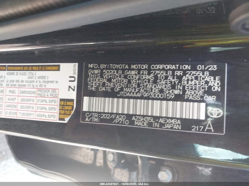 2023 Toyota Crown Xle VIN: JTDAAAAF9P3000159 Lot: 43387621