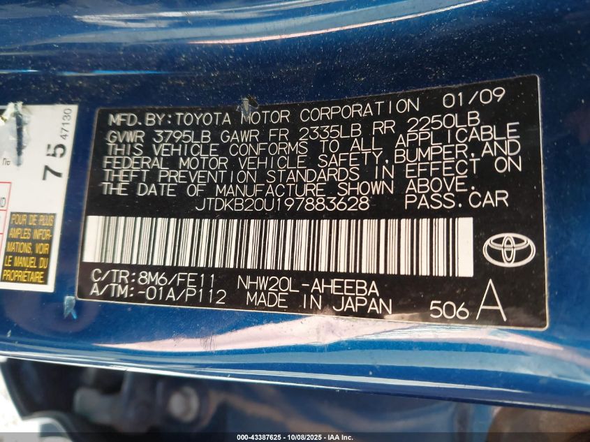 2009 Toyota Prius VIN: JTDKB20U197883628 Lot: 43387625