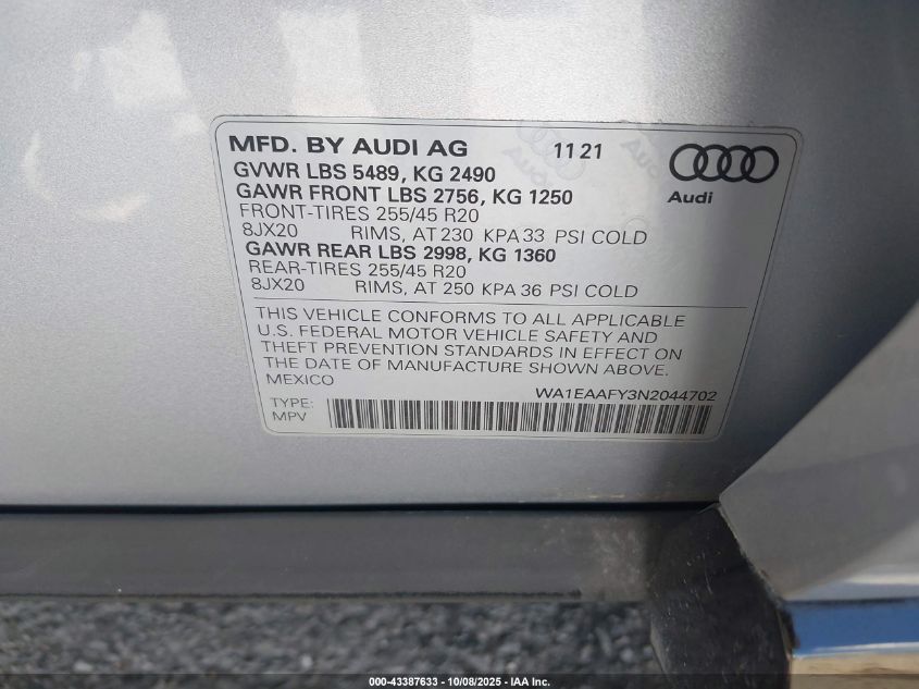 2022 Audi Q5 Premium Plus 45 Tfsi S Line Quattro S Tronic VIN: WA1EAAFY3N2044702 Lot: 43387633