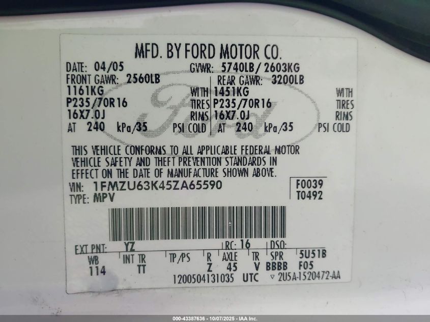 2005 Ford Explorer Xlt/Xlt Sport VIN: 1FMZU63K45ZA65590 Lot: 43387636