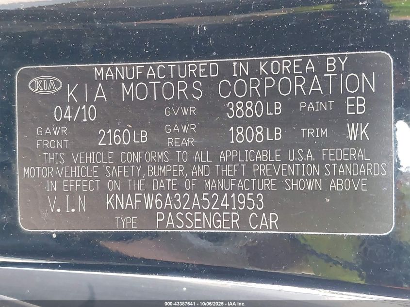 2010 Kia Forte Koup Sx VIN: KNAFW6A32A5241953 Lot: 43387641