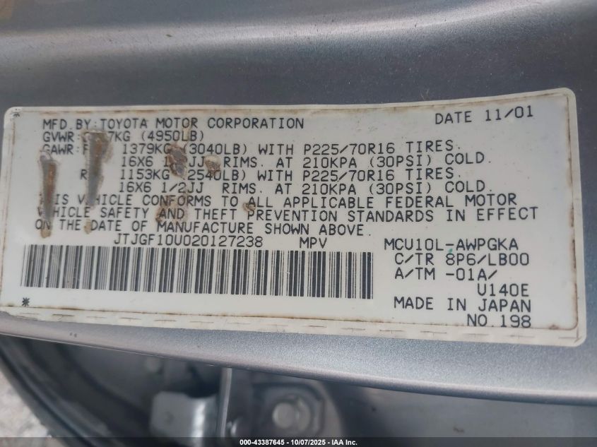 2002 Lexus Rx 300 VIN: JTJGF10U020127238 Lot: 43387645