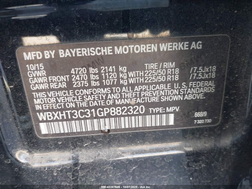 2016 BMW X1 xDrive28I VIN: WBXHT3C31GP882320 Lot: 43387646