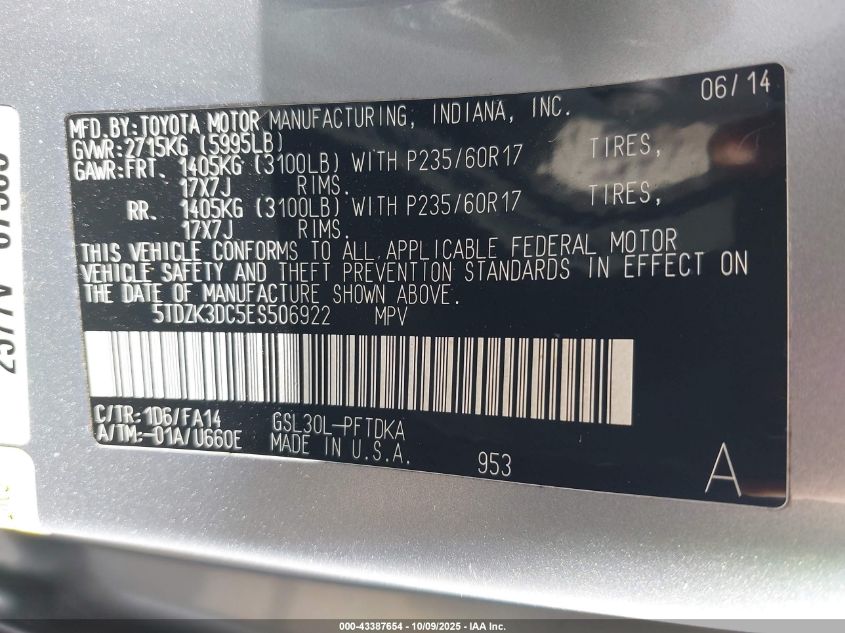 2014 Toyota Sienna L V6 7 Passenger VIN: 5TDZK3DC5ES506922 Lot: 43387654