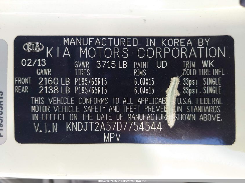 2013 Kia Soul VIN: KNDJT2A57D7754544 Lot: 43387655