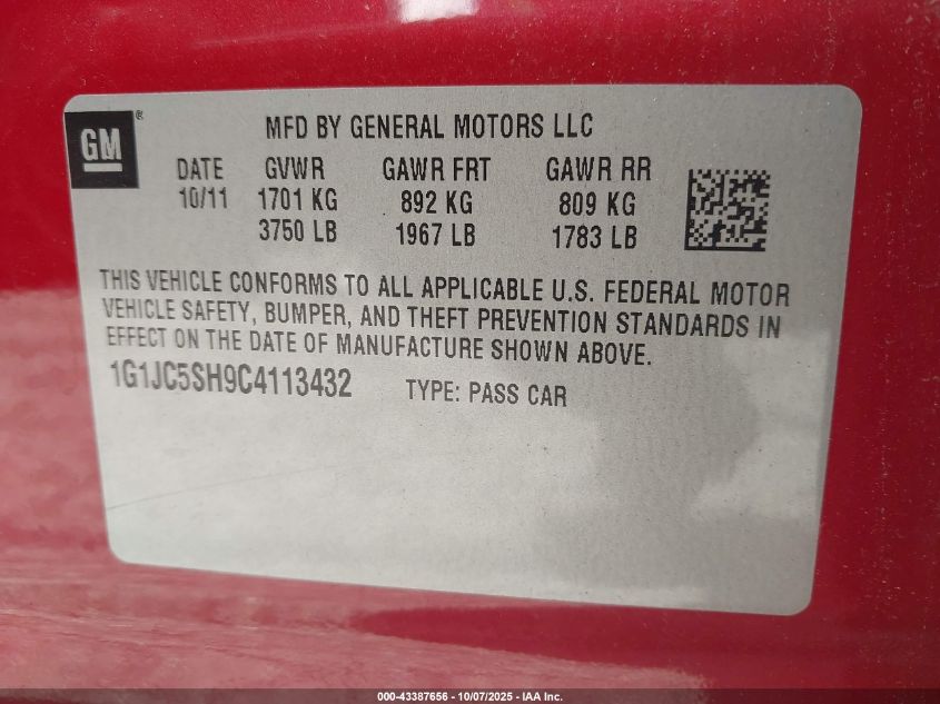 2012 Chevrolet Sonic 2Lt VIN: 1G1JC5SH9C4113432 Lot: 43387656