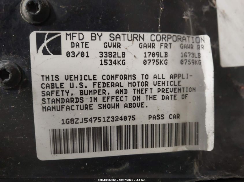 2001 Saturn Sl2 VIN: 1G8ZJ54751Z324075 Lot: 43387665