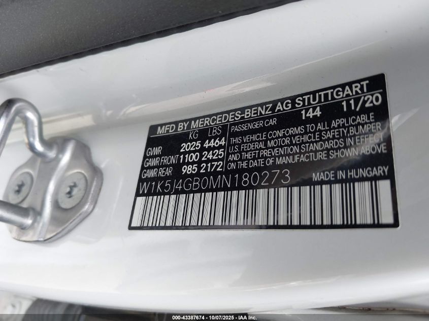 2021 Mercedes-Benz Cla 250 VIN: W1K5J4GB0MN180273 Lot: 43387674