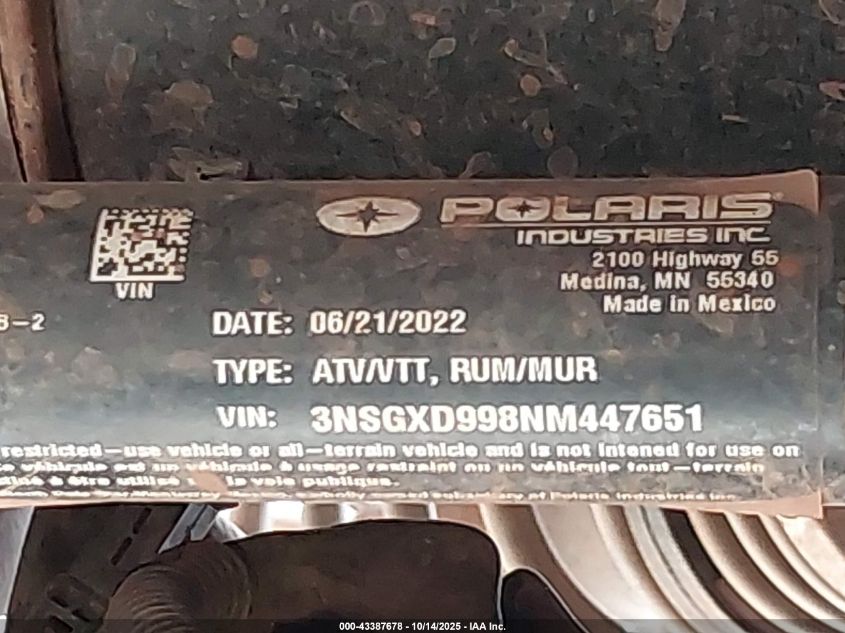 2022 Polaris General Xp 1000 Deluxe VIN: 3NSGXD998NM447651 Lot: 43387678