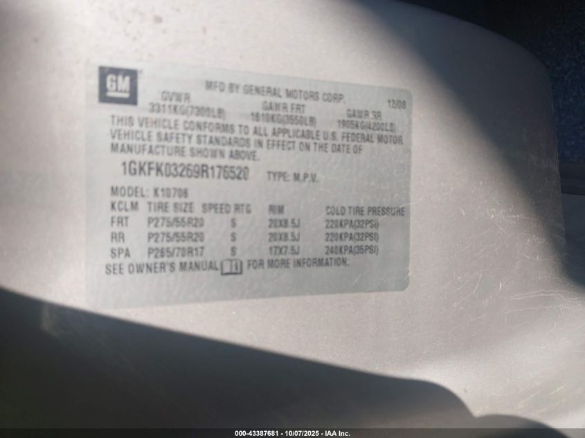 2009 GMC Yukon Denali VIN: 1GKFK03269R176520 Lot: 43387681