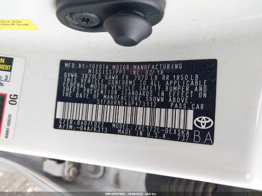 2016 Toyota Corolla S VIN: 5YFBURHE4GP473112 Lot: 43387692