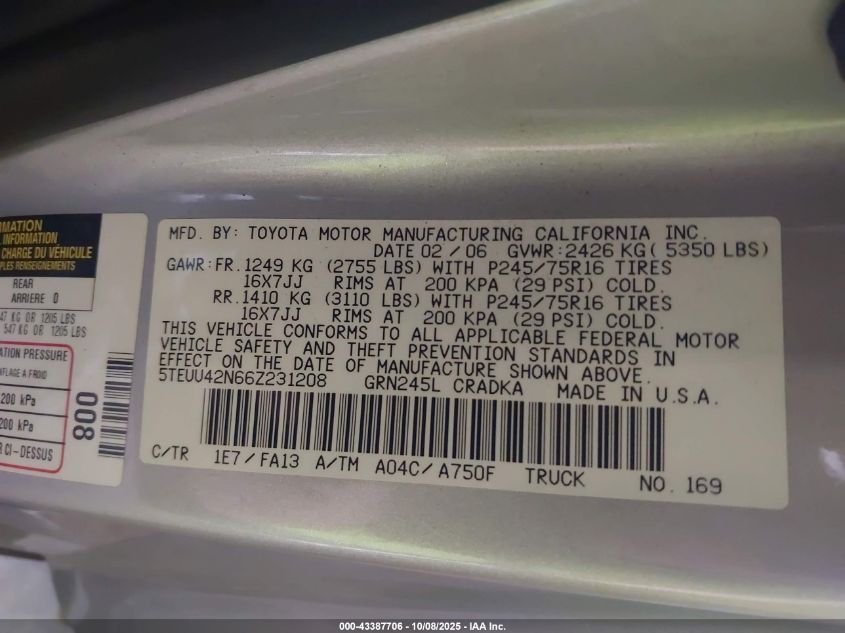 2006 Toyota Tacoma Base V6 VIN: 5TEUU42N66Z231208 Lot: 43387706
