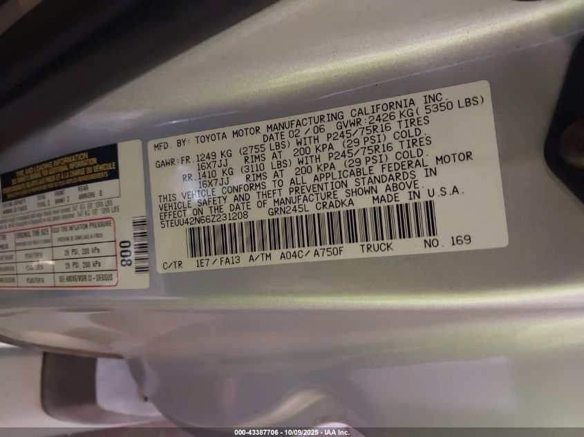 2006 Toyota Tacoma Base V6 VIN: 5TEUU42N66Z231208 Lot: 43387706