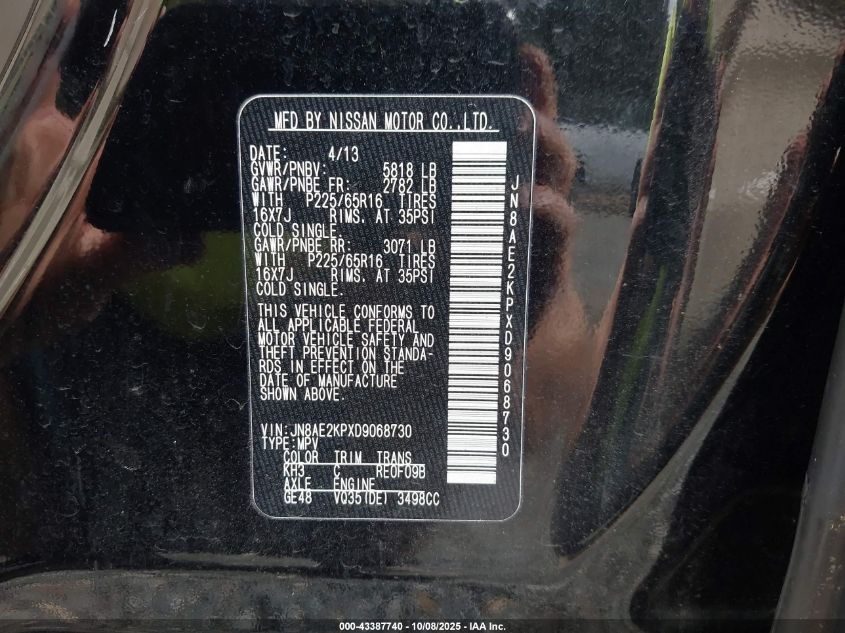 2013 Nissan Quest Sv VIN: JN8AE2KPXD9068730 Lot: 43387740