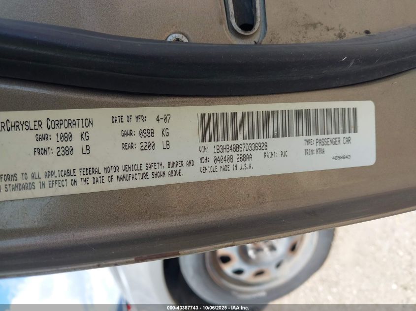 2007 Dodge Caliber Sxt VIN: 1B3HB48B67D336928 Lot: 43387743