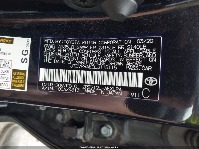 2020 Toyota Corolla Le VIN: JTDVPRAE0LJ115115 Lot: 43387750