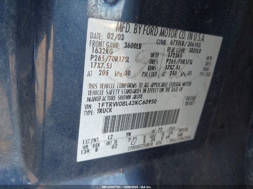 2003 Ford F-150 Lariat/Xlt VIN: 1FTRW08L43KC60950 Lot: 43387761
