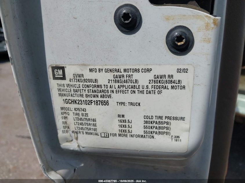 2002 Chevrolet Silverado 2500Hd Lt VIN: 1GCHK23102F187656 Lot: 43387765