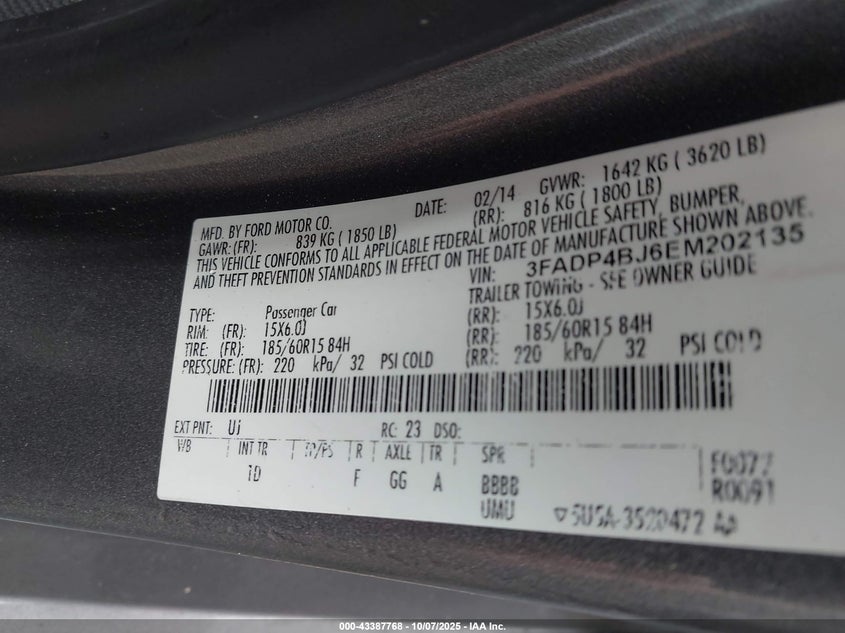 2014 FORD FIESTA SE 3FADP4BJ6EM202135