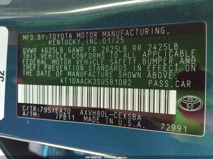 2025 Toyota Camry Se VIN: 4T1DAACK3SU581082 Lot: 43387783