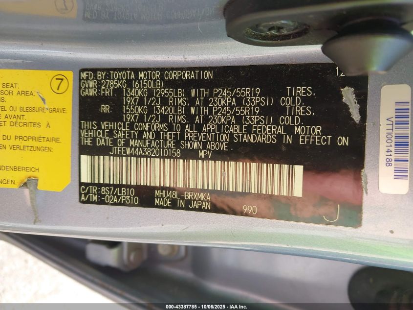 2008 Toyota Highlander Hybrid Limited VIN: JTEEW44A382010158 Lot: 43387785