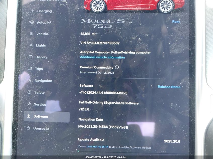 2017 Tesla Model S 100D/60D/75D/90D/P100D VIN: 5YJSA1E27HF198532 Lot: 43387798