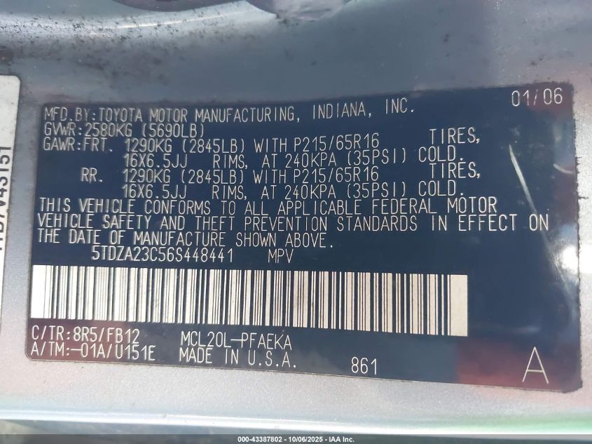 2006 Toyota Sienna Ce VIN: 5TDZA23C56S448441 Lot: 43387802