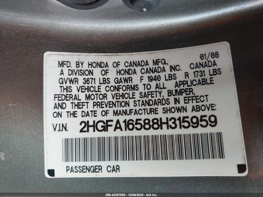 2008 Honda Civic Lx VIN: 2HGFA16588H315959 Lot: 43387809