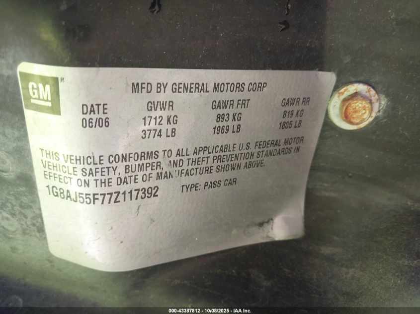 2007 Saturn Ion Ion 2 VIN: 1G8AJ55F77Z117392 Lot: 43387812