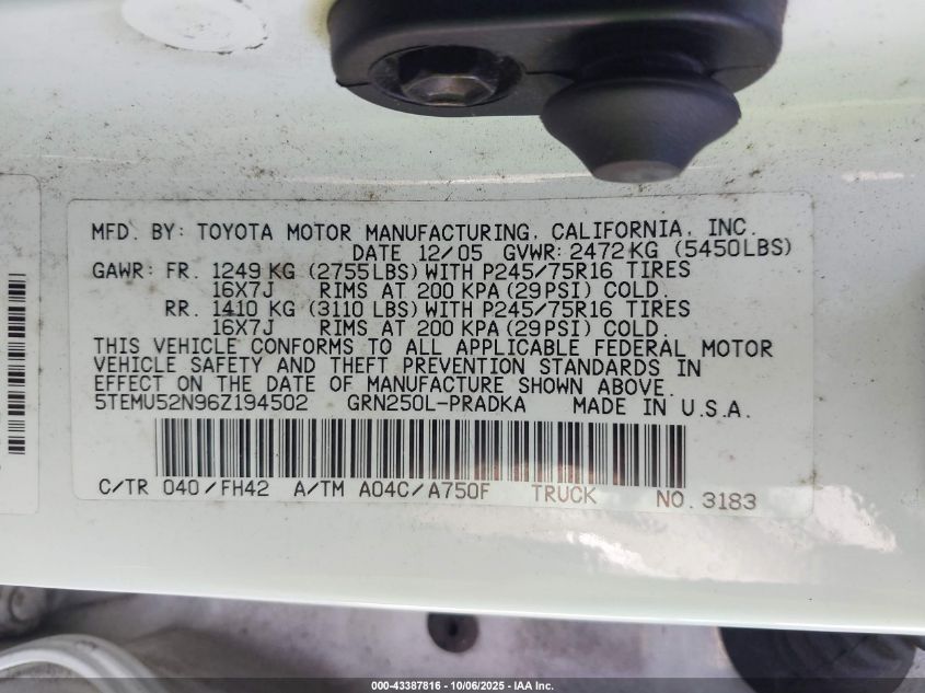 2006 Toyota Tacoma Base V6 VIN: 5TEMU52N96Z194502 Lot: 43387816