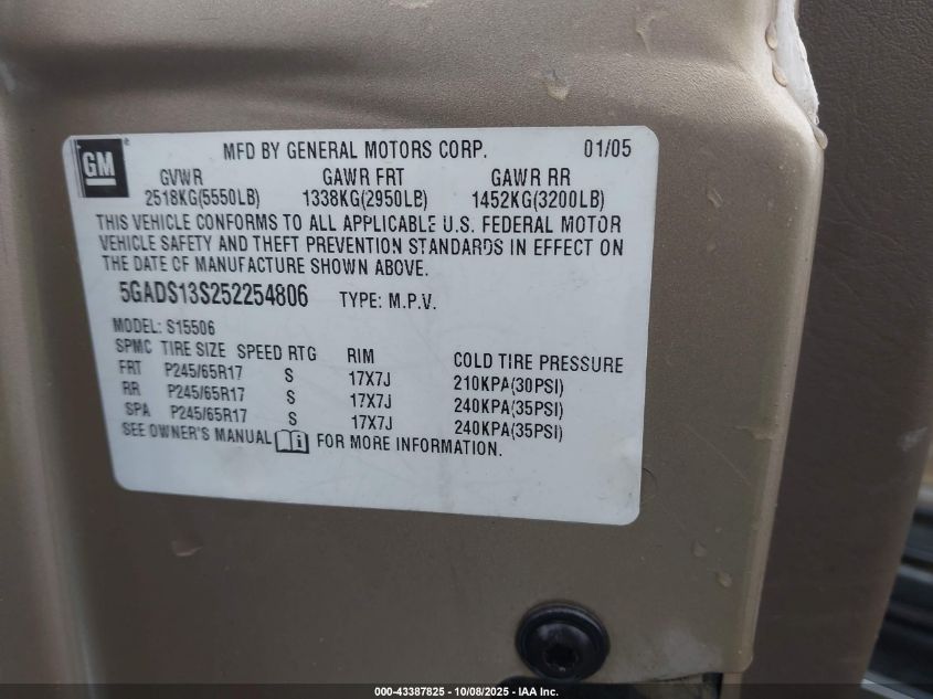 2005 Buick Rainier Cxl VIN: 5GADS13S252254806 Lot: 43387825
