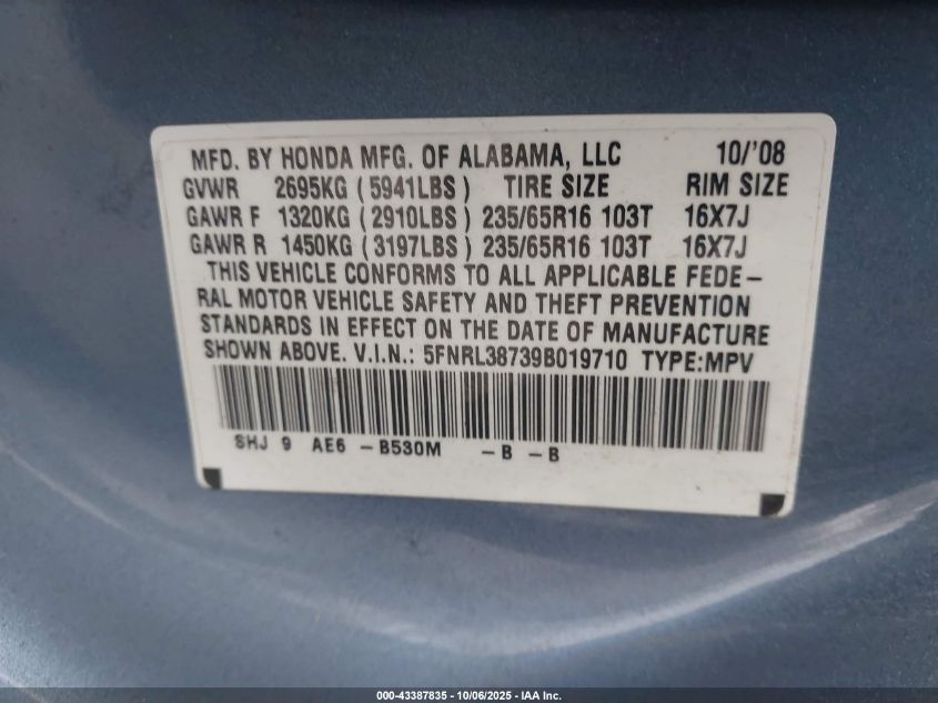 2009 Honda Odyssey Ex-L VIN: 5FNRL38739B019710 Lot: 43387835