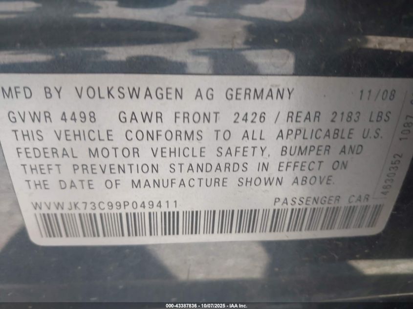 2009 Volkswagen Passat Komfort VIN: WVWJK73C99P049411 Lot: 43387836