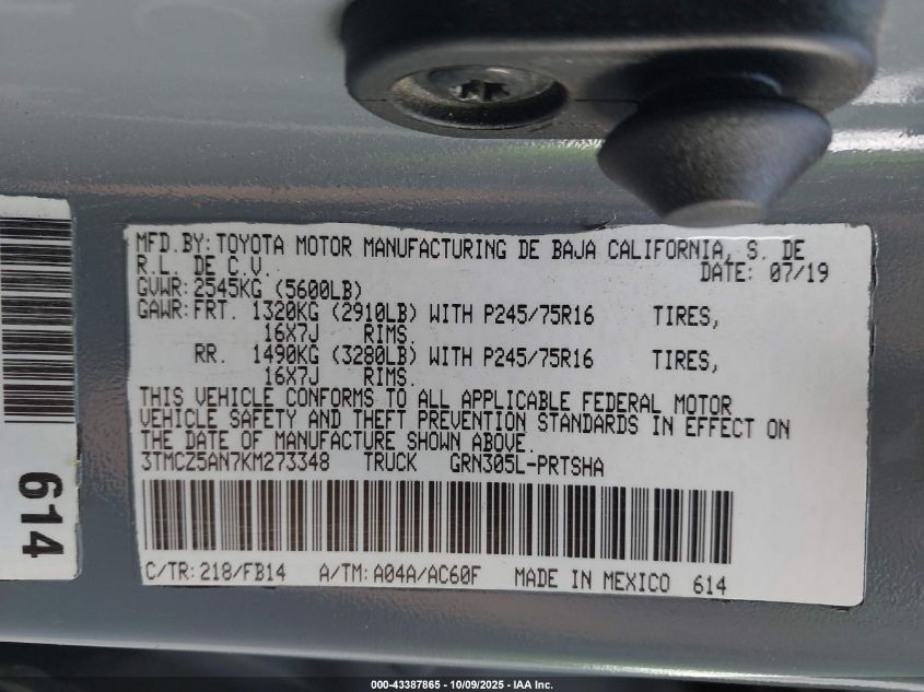 2019 Toyota Tacoma Sr V6 VIN: 3TMCZ5AN7KM273348 Lot: 43387865