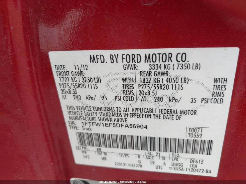 2013 Ford F-150 Lariat VIN: 1FTFW1EF5DFA56904 Lot: 43387866