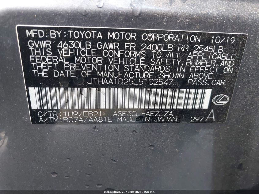 2020 Lexus Is 300 VIN: JTHAA1D25L5102547 Lot: 43387872