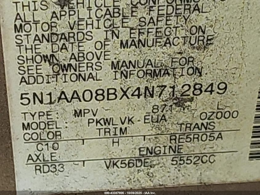 2004 Nissan Pathfinder Armada Le VIN: 5N1AA08BX4N712849 Lot: 43387906