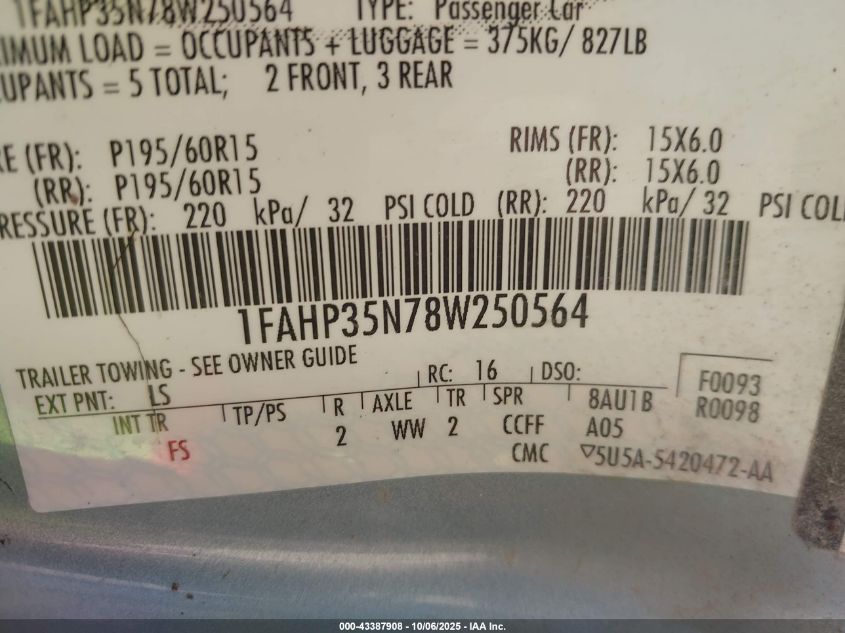 2008 Ford Focus Se/Ses VIN: 1FAHP35N78W250564 Lot: 43387908