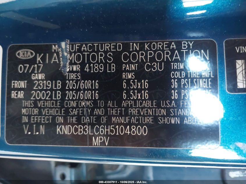 2017 Kia Niro Lx VIN: KNDCB3LC6H5104800 Lot: 43387911