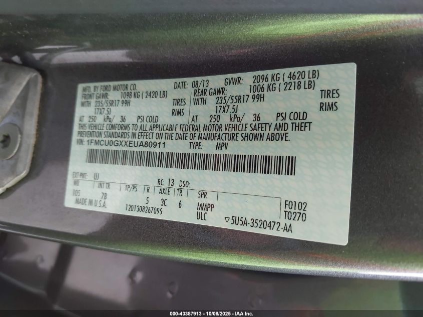 2014 Ford Escape Se VIN: 1FMCU0GXXEUA80911 Lot: 43387913