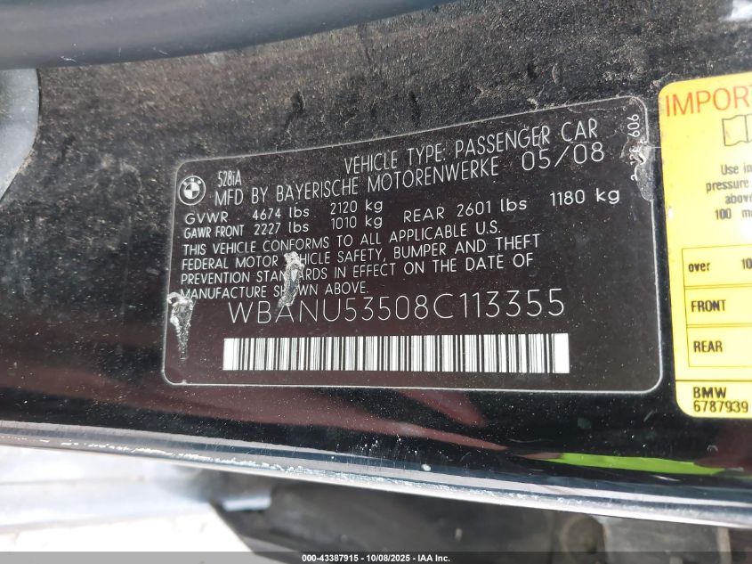 2008 BMW 528I VIN: WBANU53508C113355 Lot: 43387915