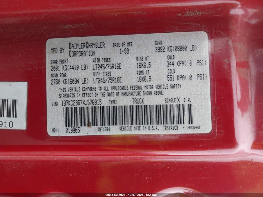 1999 Dodge Ram 2500 St VIN: 1B7KC2367XJ576815 Lot: 43387927