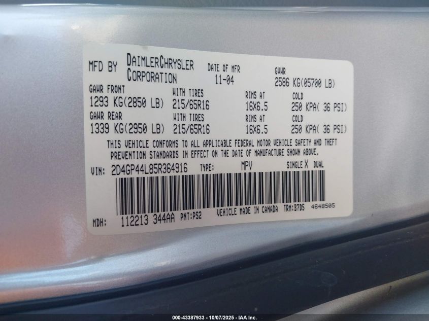 2005 Dodge Grand Caravan Sxt VIN: 2D4GP44L85R364916 Lot: 43387933